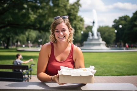 woman with a cheesesteak in a take-out box at city parkの素材