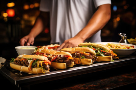 waiter serving a philly cheesesteak at a restaurantの素材