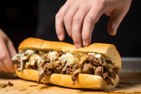 hands scooping steak onto cheesesteak rollの素材