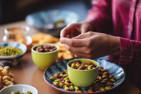 person having pistachios with breakfastの素材