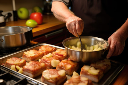 chef basting pork chops with apple sauceの素材