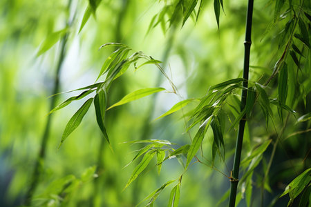 close-up of bamboo leaves with a blurred forest backgroundの素材
