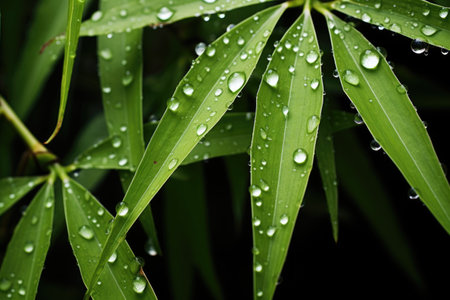 close-up shot of dew drops on bamboo leavesの素材