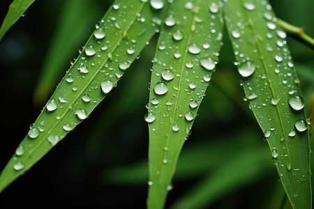 dew drops on bamboo leaves during early morningの素材