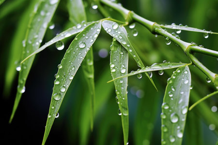 dew drops on bamboo leaves during early morningの素材