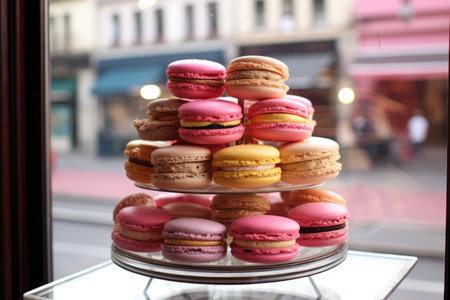 macarons in a french bakery display windowの素材