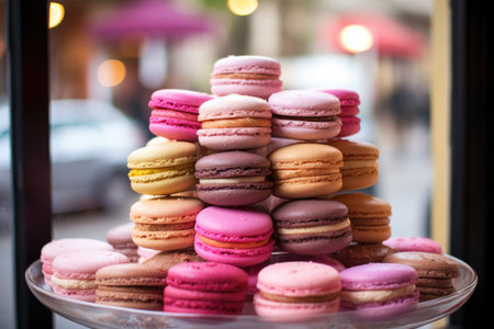 macarons in a french bakery display windowの素材