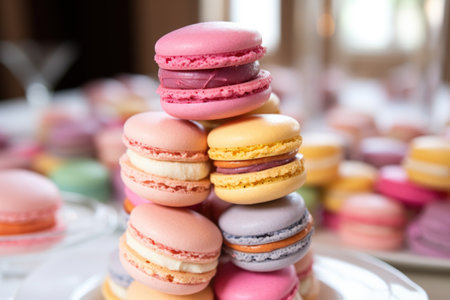 a close-up shot of a macaron tower at a partyの素材