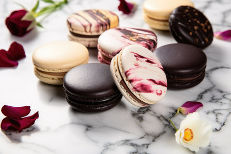 macarons with different fillings cut in half, showcased on a marble surfaceの素材