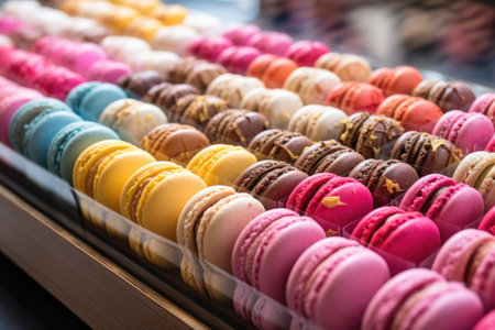 a colorful array of macarons displayed in a bakery caseの素材