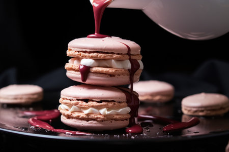 high angle shot of a macaron being filled with creamの素材
