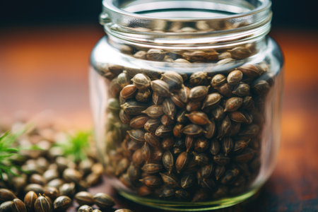 macro shot of cannabis seeds in a glass jarの素材