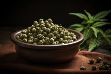cannabis seeds in a rustic ceramic dish under soft lightingの素材