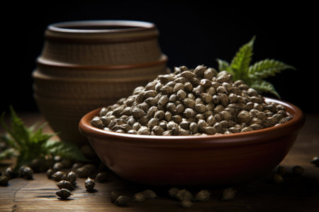 cannabis seeds in a rustic ceramic dish under soft lightingの素材