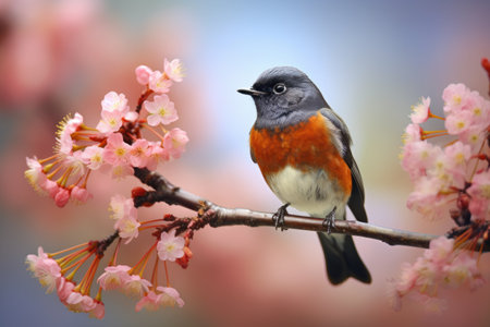 male redstart perched on a blossoming cherry tree branchの素材