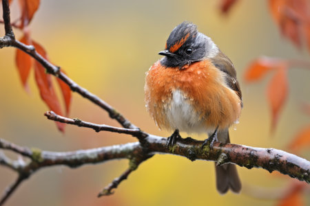 a male redstart bird preening its feathers on an autumnal tree branchの素材