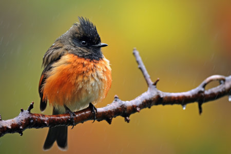 a male redstart bird preening its feathers on an autumnal tree branchの素材