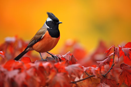 male redstart bird with colorful foliage in the backgroundの素材
