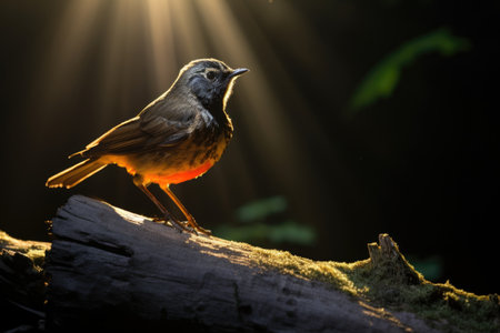 male redstart caught in a ray of sunshine, against a dark forest backgroundの素材