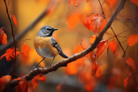 redstart bird flitting among fall-colored leavesの素材