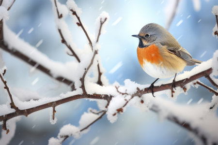 redstart bird fluffing its feathers while perched on a snowy branchの素材