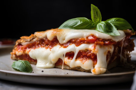 slice of margherita pizza lifted, showing the stretchy mozzarella cheeseの素材