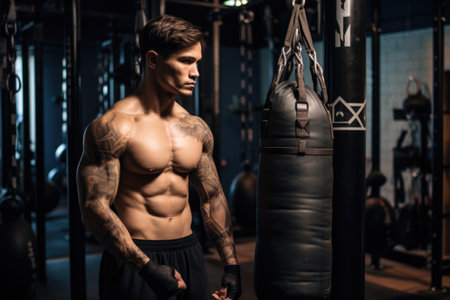 mma fighter training with a punching bag in a modern gymの素材