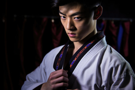 close-up of a taekwondo athlete tying his black beltの素材