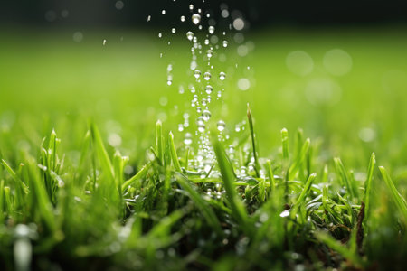 close-up of sprinkler head watering lush green grassの素材