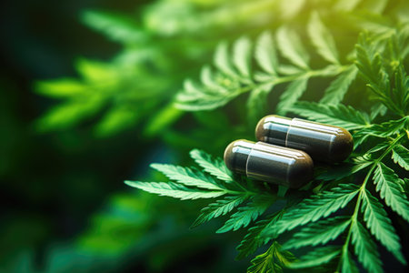 macro shot of a medical cannabis pill with green leaves aroundの素材
