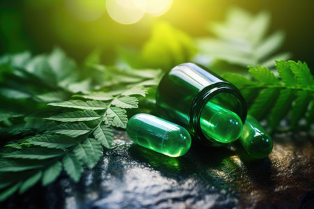 macro shot of a medical cannabis pill with green leaves aroundの素材
