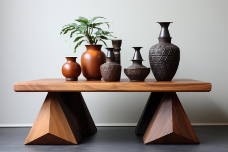 a scandinavian style teak wood table with geometric decor itemsの素材