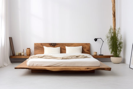 a low-profile wooden bed in an all-white room with a single bedside tableの素材