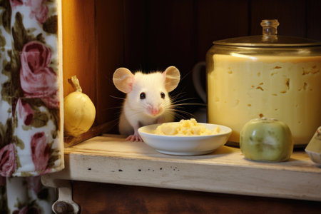 mouse peeking from an open butter dish in fridgeの素材