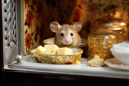 mouse peeking from an open butter dish in fridgeの素材