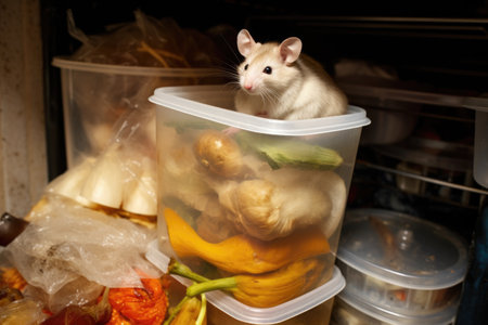 mouse sitting atop a stack of leftovers in plastic containers inside the fridgeの素材