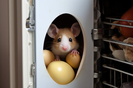 mouse hiding in the egg compartment of a fridgeの素材