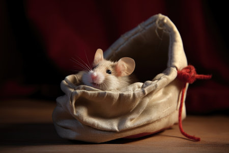 a tiny mouse inside a slipper, with a piece of fabric in its mouth, ready to nestの素材