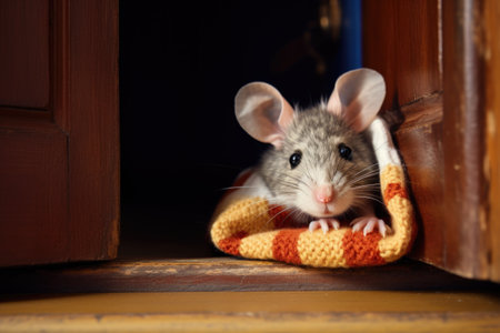a small mouse peeking out from a woolen slipper on a wooden floorの素材