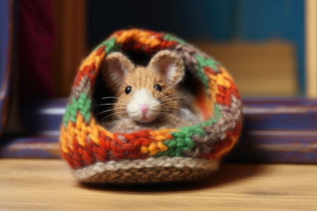a little brown mouse peeking out from a colorful woolen slipperの素材