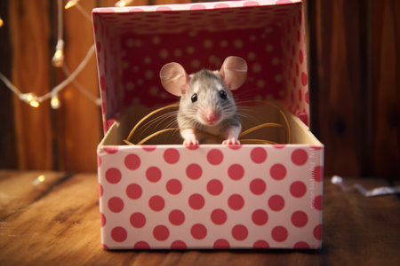 mouse sitting inside a polka-dotted open gift box on a wooden tableの素材