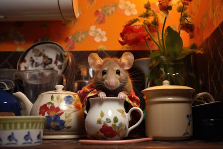 mouse hiding behind a ceramic teapot on a cluttered kitchen tableの素材
