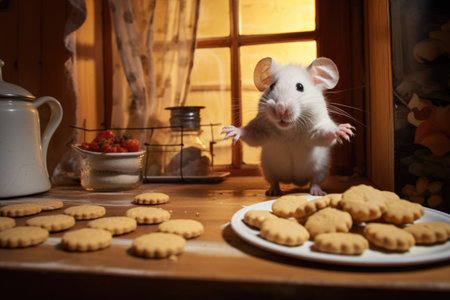 mouse scampering towards a plate of cookies on a kitchen tableの素材
