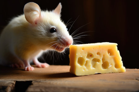 mouse nibbling on a chunk of cheese on a wooden tableの素材