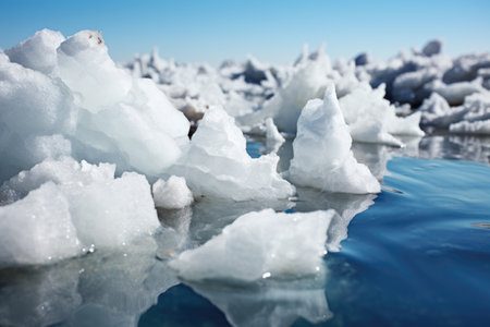 close-up of salt chunks floating in the lake waterの素材
