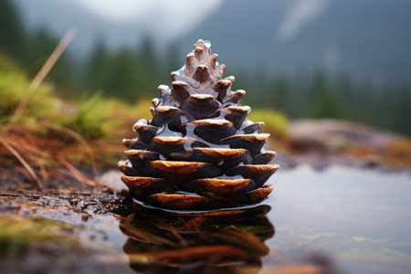 close-up of a mountain peak reflected in a raindrop on a pineconeの素材