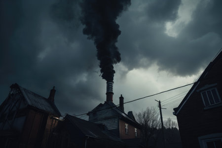 close-up shot of black smoke rising from a factory chimney against a stormy skyの素材
