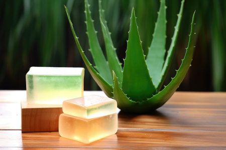 soap bar next to aloe vera plant on a wooden tableの素材