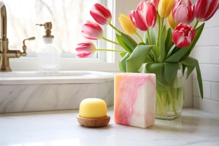 soap bar next to a vase with tulips on a marble counterの素材