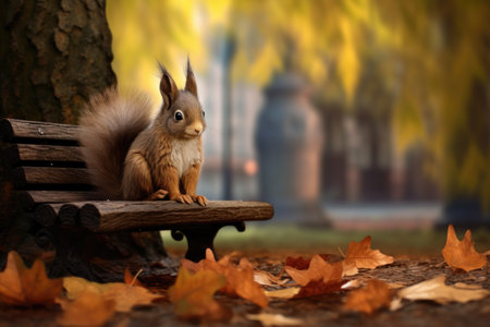 squirrel with bushy tail sitting on a park bench, leaves scattered aroundの素材